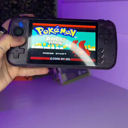 Handheld gaming console playing Pokémon game with dual controllers and long battery life.